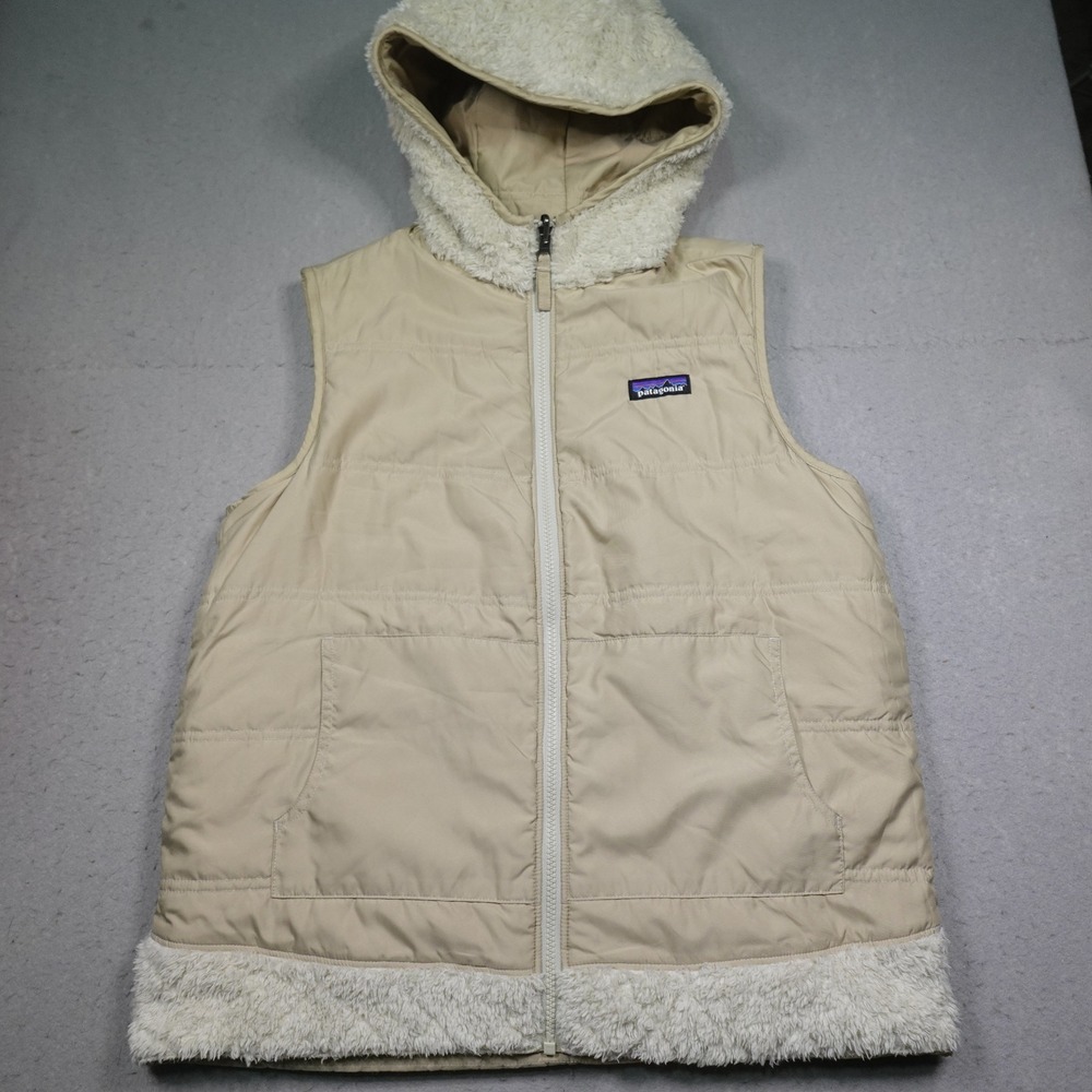 Patagonia Reversible Hooded Vest Women Large Tan Cream Fleece Quilted Gorpcore